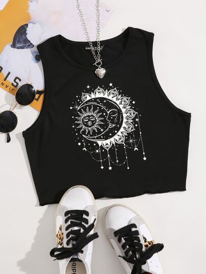 SHE(IN) BRASIL Shein Top Cropped Regata Estampa Lua Feminino