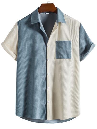 ROMWE Camisa De Veludo A Cordão Com Bolso E Blocos De Cor Para Homens