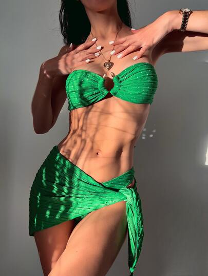 SHEIN Swim Vcay Cobra anel-u tubo sutiã & corte alto de baixo & saia de praia 3 peças roupa de banho