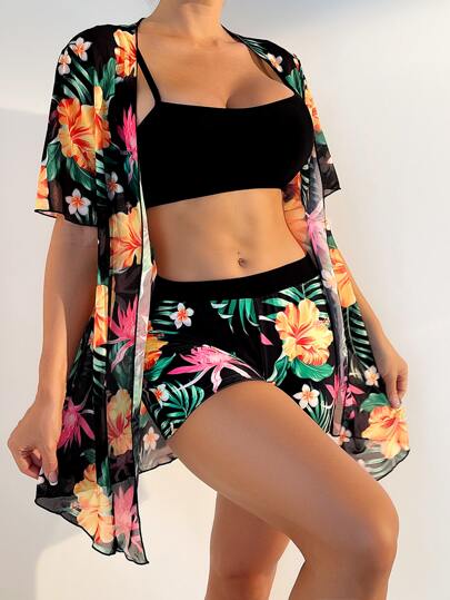 SHEIN Swim Vcay Conjunto de biquíni estampa tropical sem fio top cami & cueca boxer & frente aberta quimonos maiô 3 peças