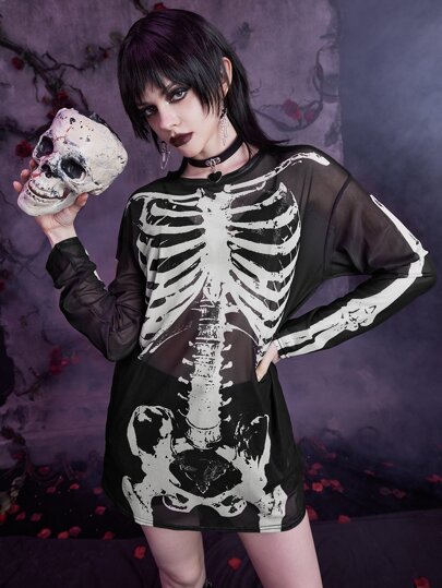 ROMWE Goth Top impressão de esqueleto malha
