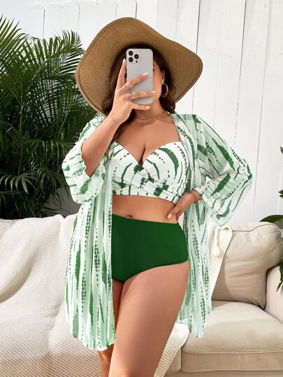 SHEIN Swim Vcay Plus conjunto de biquíni tie dye flexão top de biquíni & cintura alta bikini & manga comprida quimonos maiô 3 peças