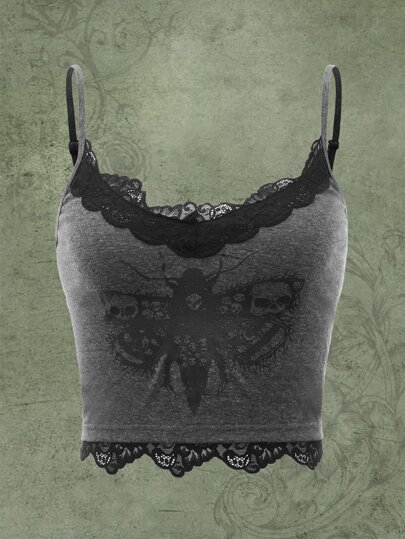 ROMWE Goth Top cami Borboleta Estampa de caveira Guarnição do laço