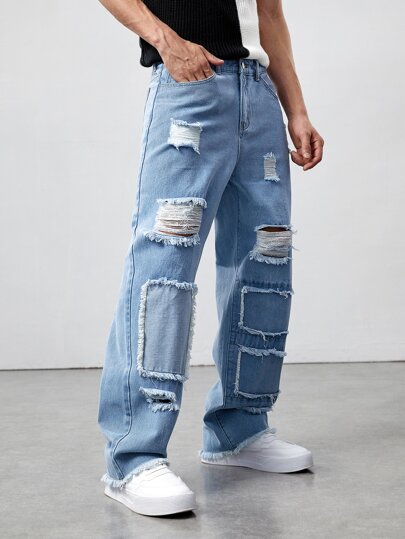 ROMWE Jeans Baggy De Perna Larga Desfiada Rasgada Em Para Homens