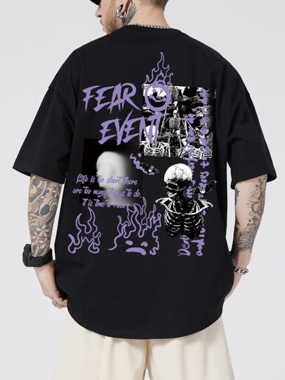 ROMWE Camiseta Masculina Com Eslogan E Estampa De Crânio