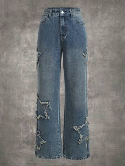 ROMWE Grunge Punk Calça jeans reta padrão de estrela