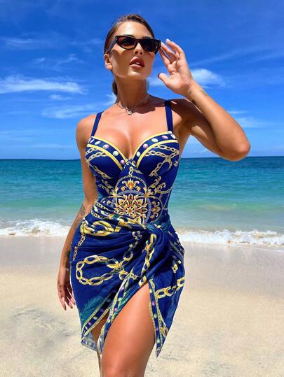 SHEIN Swim Vcay Maiô push up impressão em cadeia com saia de praia
