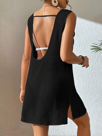 SHEIN Swim Chicsea Vestido de cobertura sólido bainha dividida sem biquíni