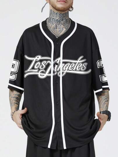 ROMWE Prep Camisa Masculina Com Letras Gráficas E Fita Contrastante, Sem Camiseta
