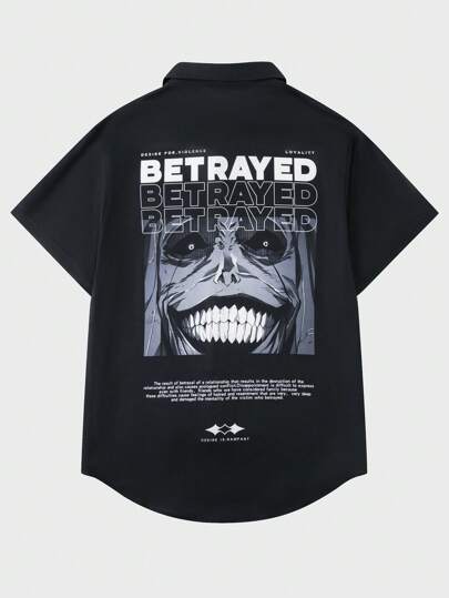 ROMWE Anime Camisa Masculina Com Slogan E Gráfico De Figura
