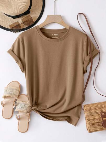 SHEIN Essnce Camiseta sólido gola redonda