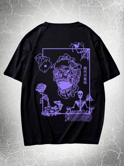 ROMWE Anime Camiseta Gráfica Masculina Com Letra De Caveira & Floral