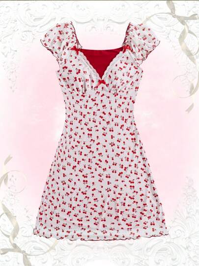 ROMWE Kawaii Vestido estampa cereja frente de arco