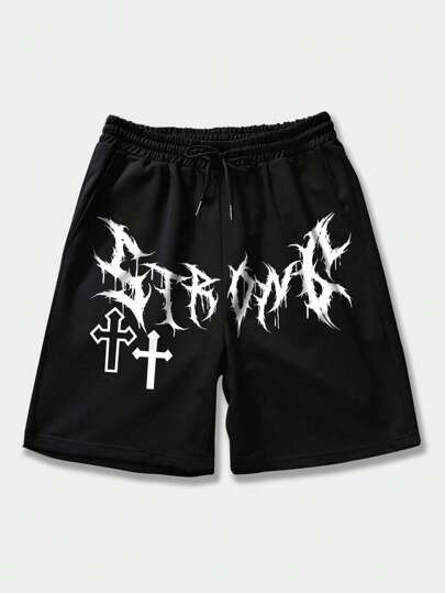 ROMWE Goth Homens Cruz Carta Gráfica Cordão Cintura Shorts