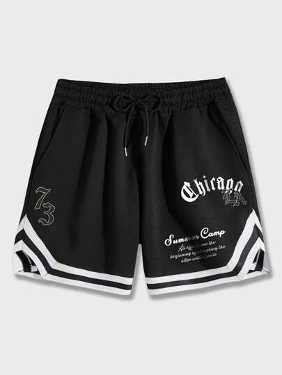 ROMWE Academia Homens Letras Gráficas Shorts Cintura Com Cordão, Detalhe Listrado