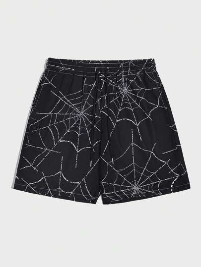 ROMWE Goth Homens Aranha Web Impressão Cordão Cintura Shorts