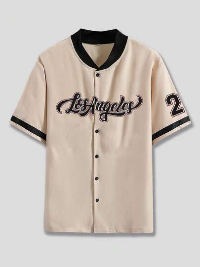 ROMWE Prep Camisa Masculina Com Letras, Gola Baseball, Botões Frontais