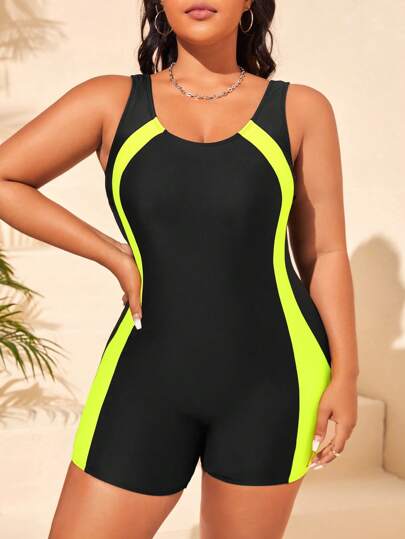 SHEIN Swim SPRTY Plus Bloco De Cores Fato De Banho De Uma Peça