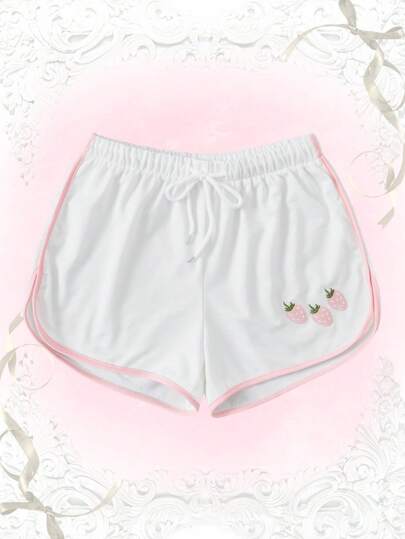 ROMWE Kawaii Bordado De Morango Ligação De Contraste Cintura Com Cordão Shorts De Pista