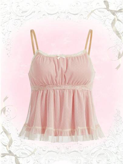 ROMWE Kawaii Malha De Contraste Bainha Com Babado Top Cami