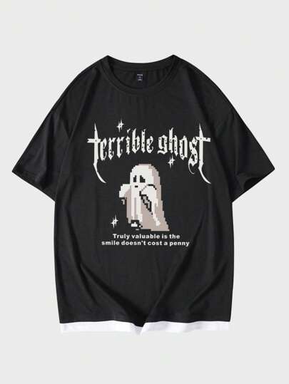 ROMWE Goth Camiseta Masculina 2 Em 1 Slogan De Desenho Animado Com Gráfico
