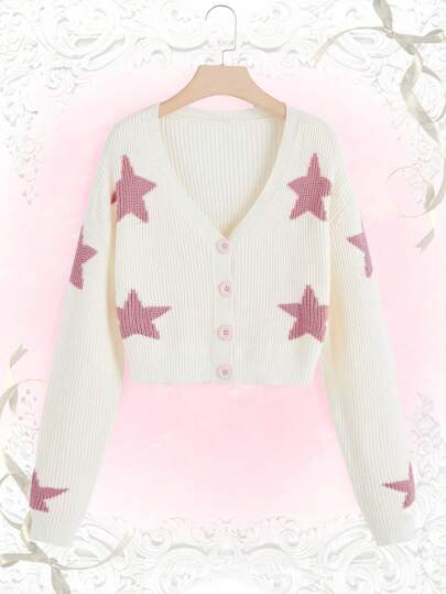 ROMWE Kawaii Padrão De Estrela Ombro Caído Cardigans
