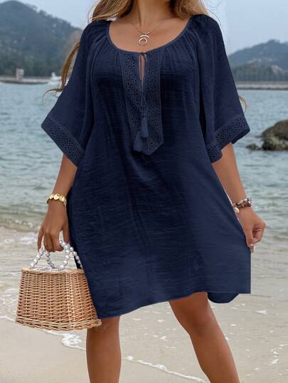 SHEIN VCAY Gola Borla Manga De Asa De Morcego Vestido De Cobertura
