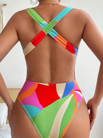 SHEIN Swim Vcay Bloco De Cores Criss Cross Sem Encosto Fato De Banho De Uma Peça