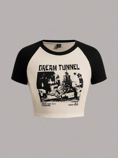 SHEIN Coolane Gráfico de Borboletas & Letra Manga De Raglan Camiseta Crop