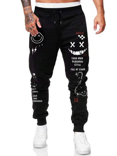 ROMWE Calças De Moletom De Cintura Com Cordão Masculino, Com Desenhos Animados E Slogna Gráfico