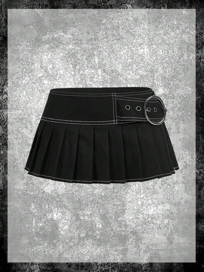ROMWE PUNK Top-Costura Detalhe De Fivela Saia Plissada