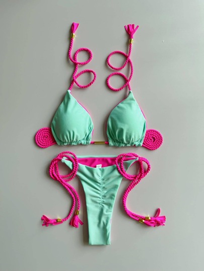 Biquíni Trançado À Mão, Novo Estilo Europeu E Americano Biquíni Sexy Pura Cor Dois-pieces Para Senhoras