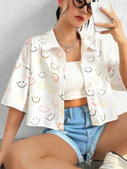 SHEIN EZwear Impressão Allover Ombro Caído Camiseta