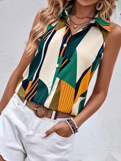 SHEIN LUNE Impressão Geográfica Botão Frontal Sem Mangas Camiseta