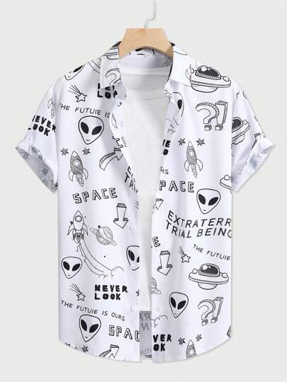 ROMWE Camiseta Masculina Alienígena E Gráfica De Letras Sem Manga
