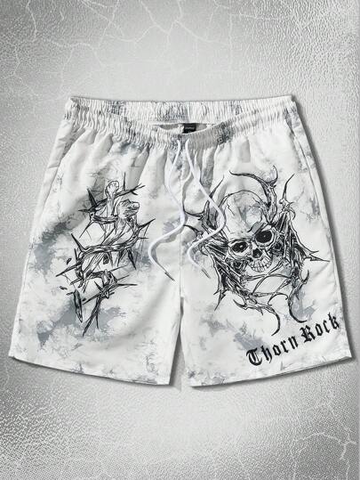ROMWE Goth Bermuda Masculina De Cintura Com Cordão, Tie Dye Com Caveira E Gráfico De Letras