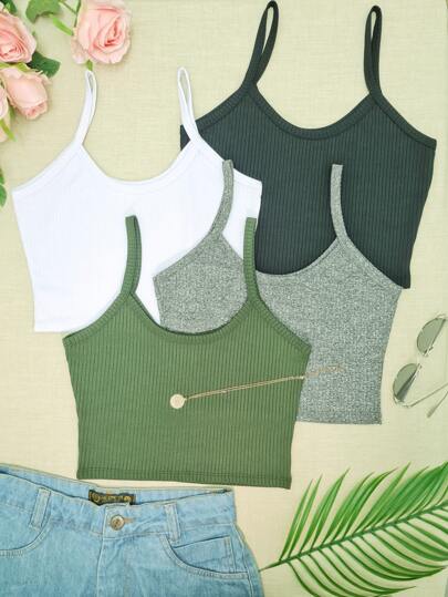 KIT4 cropped Top suspensório cortado em malha canelada Simples ocasional Regata
