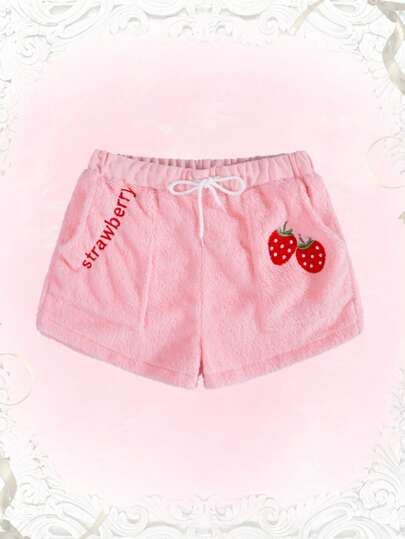 ROMWE Kawaii Bordado De Morango Cintura Com Cordão Shorts