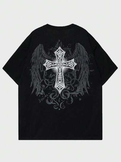 ROMWE Goth Camiseta Masculina Com Estampa De Cruz E Asas