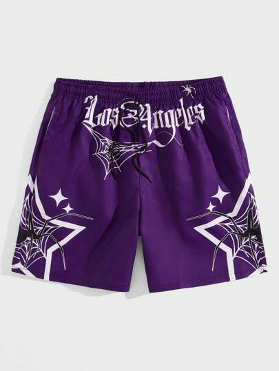 ROMWE Grunge Punk Homens Carta & Aranha Desenho Shorts Com Cordão Na Cintura
