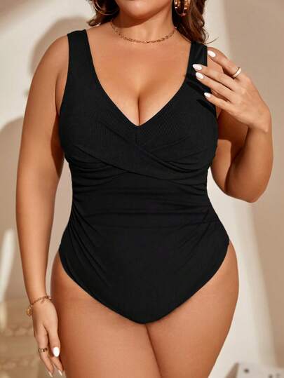 SHEIN Swim Basics Enrugado Simples Uma Peça Plus Size