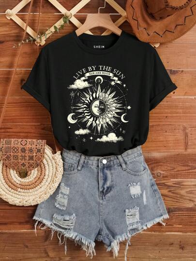 SHEIN LUNE Impressão de Sol & Lua Camiseta
