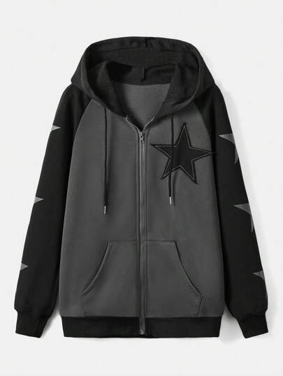 ROMWE Grunge Punk Impressão De Estrelas Zip Up Cordão Capuz