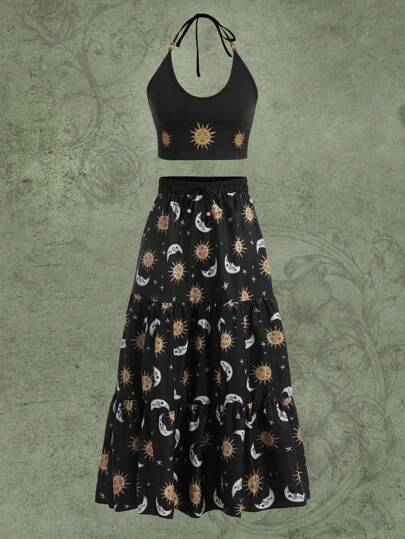 ROMWE Hippie Impressão de Sol & Lua Halter Top & Bainha Com Babado Saia