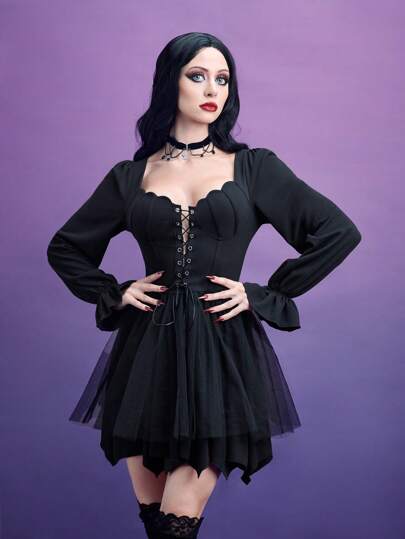 ROMWE PUNK Cadarço Na Frente Manga Flare Vestido Com Sobreposição De Malha