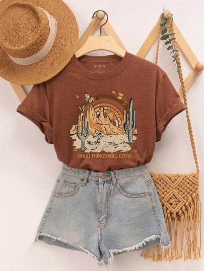SHEIN Essnce Cacto E Gráfico De Slogan Camiseta