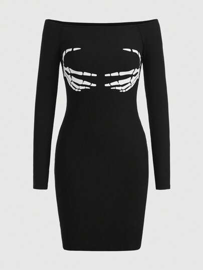 ROMWE Goth Impressão De Esqueleto Fora Do Ombro Vestido Bodycon