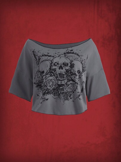 ROMWE Grunge Punk Estampa De Caveira Camiseta Crop