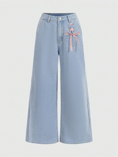 ROMWE Kawaii Cadarço Na Frente Perna Larga Jeans