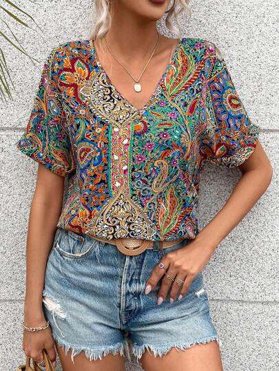 SHEIN LUNE Impressão Paisley Manga De Asa De Morcego Blusa